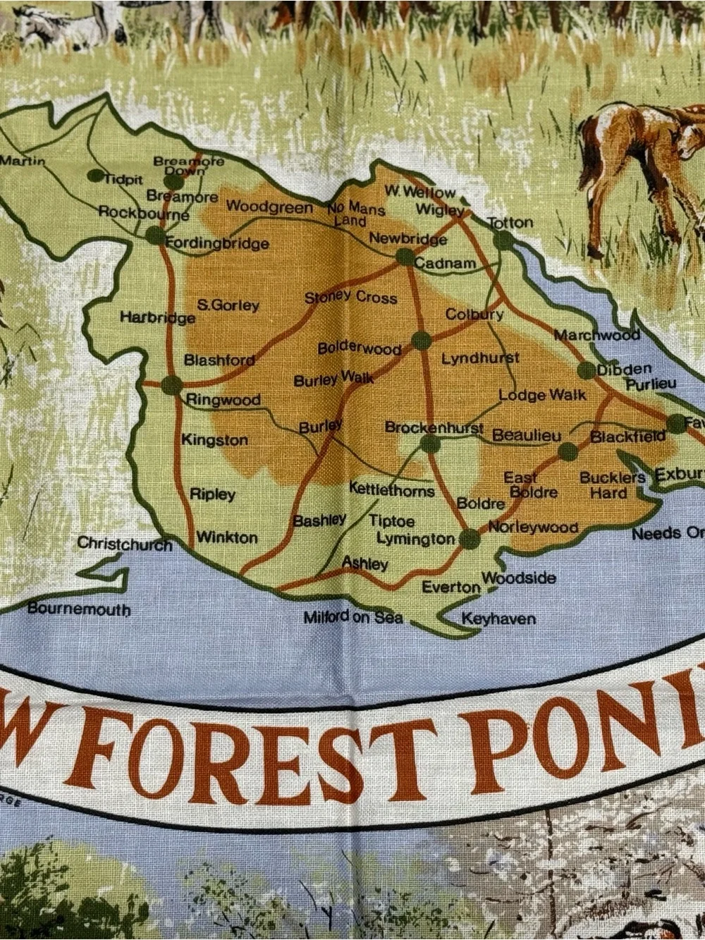 VTG New Forest Ponies Souvenir Tea Towel All Cotton Made in Britain Map (Vista)